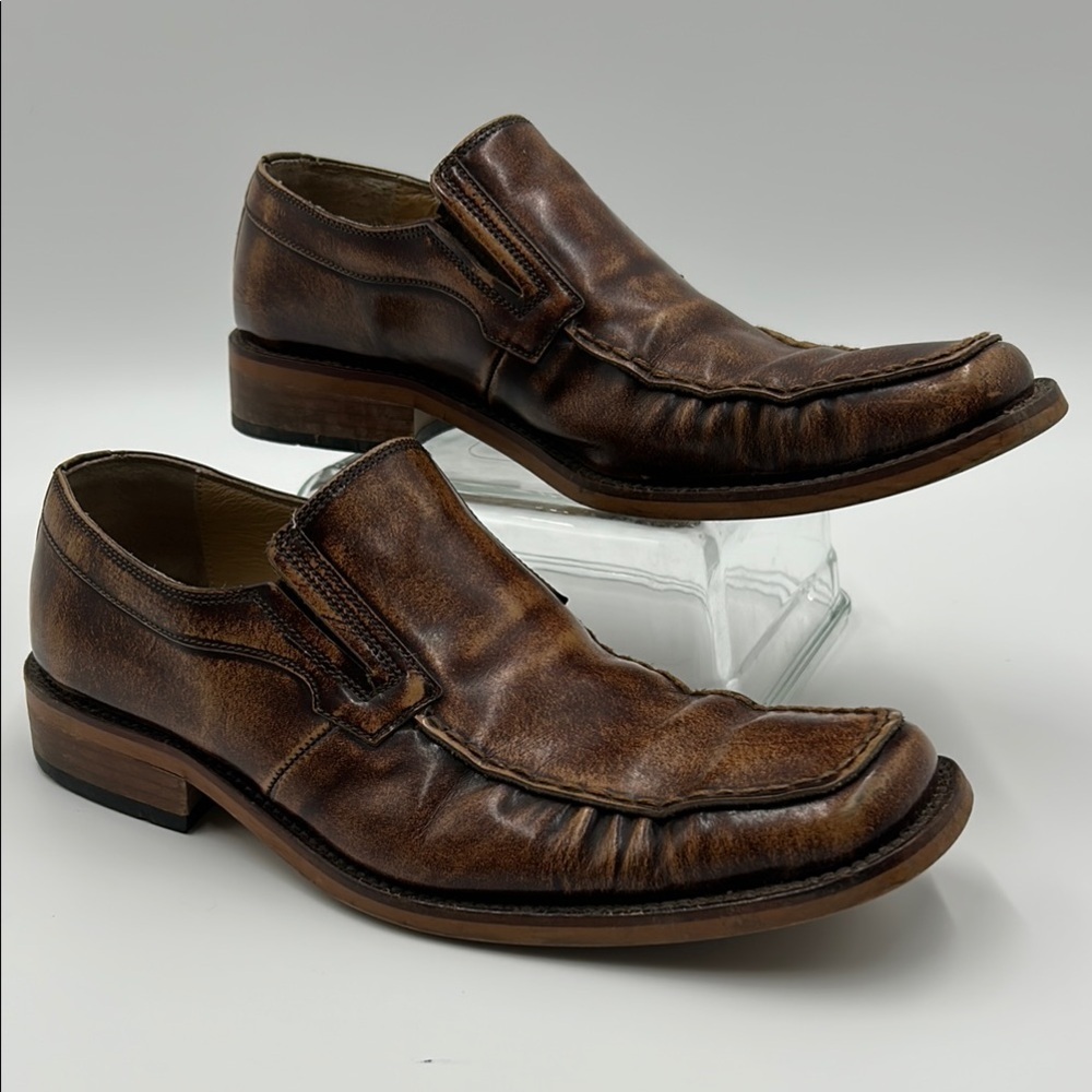 Men's Brown Leather Loafers dress shoes 41 EU 8.5 slip on square toe
